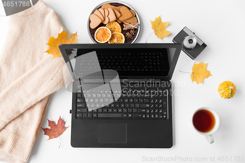 Image of laptop, tea, camera, autumn leaves and sweater