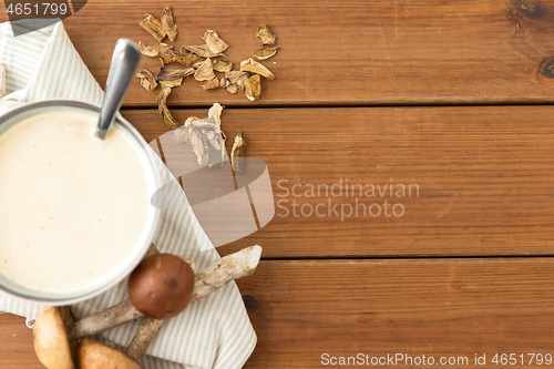 Image of mushroom cream soup in bowl on cutting board