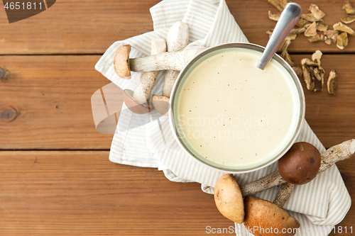 Image of mushroom cream soup in bowl on cutting board