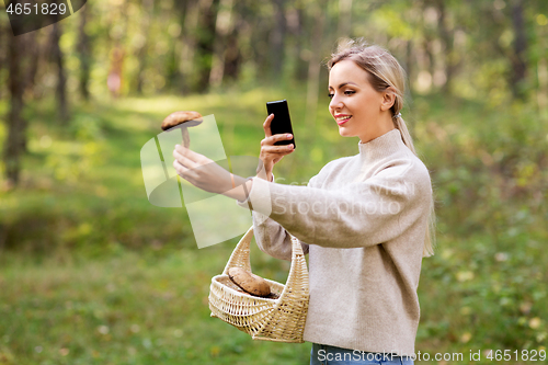 Image of woman using smartphone to identify mushroom