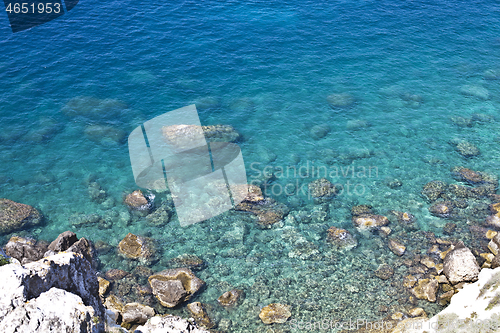 Image of Aerial view of rocks on the sea. Overview of the seabed seen fro