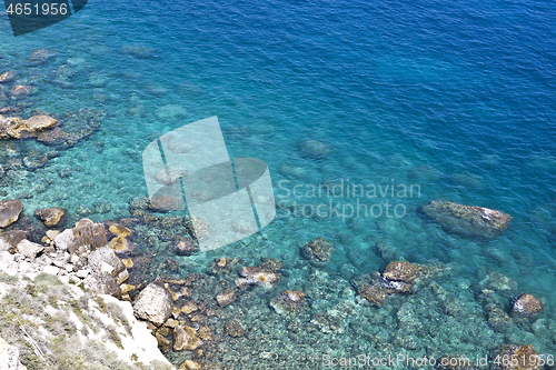 Image of Aerial view of rocks on the sea. Overview of the seabed seen fro