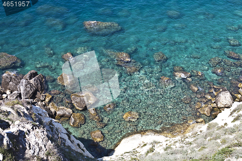 Image of Aerial view of rocks on the sea. Overview of the seabed seen fro