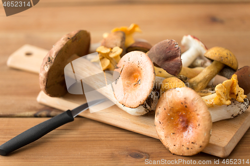 Image of edible mushrooms on wooden cutting board and knife