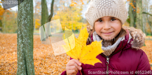 Image of happy girl with fallen maple leaf at autumn park