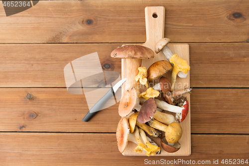 Image of edible mushrooms on wooden cutting board and knife