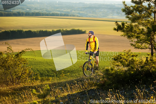 Image of Young cyclist on a rural road through green spring meadow