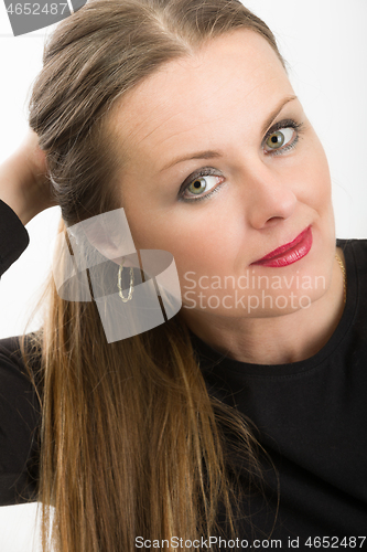 Image of beautiful middle age woman cancer patient before shaving hair