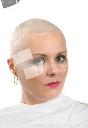 Image of beautiful middle age woman cancer patient without hair