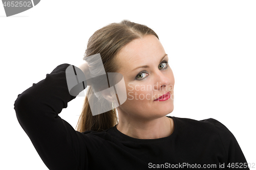 Image of beautiful middle age woman cancer patient before shaving hair