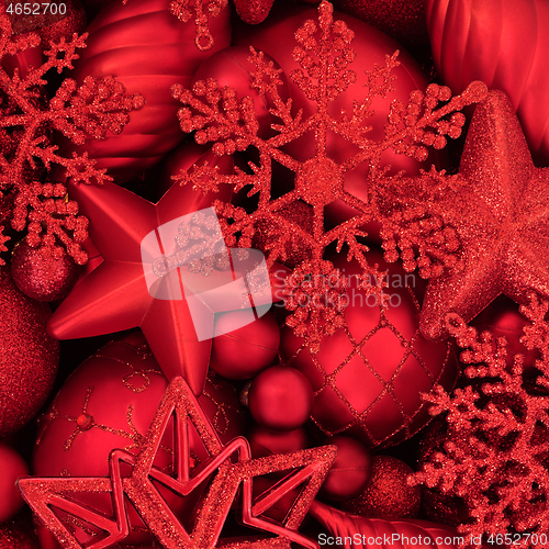 Image of Festive Christmas Background with Red Bauble Decorations