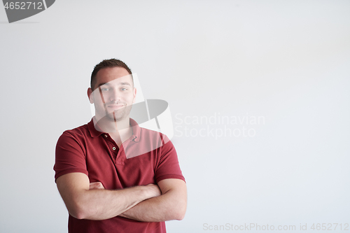 Image of portrait of casual startup businessman wearing a red T-shirt