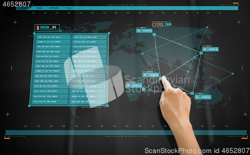 Image of hand using interactive panel with virtual data