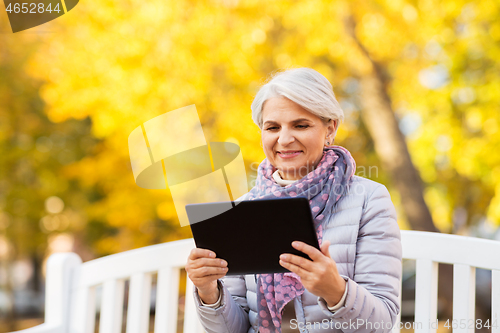 Image of senior woman with tablet pc at summer park