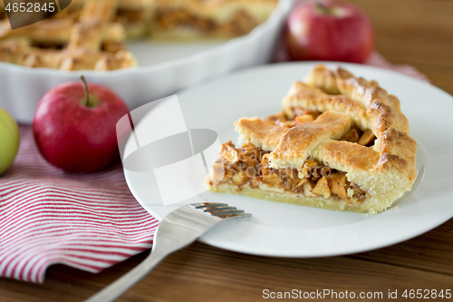 Image of close up of apple pie and fork on plate