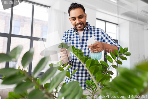 Image of man spraying houseplant with water at home