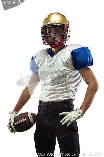 Image of American football player in action isolated on white studio background