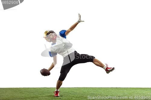 Image of American football player in action isolated on white studio background