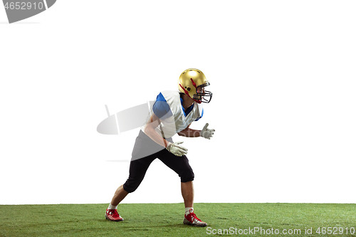 Image of American football player in action isolated on white studio background