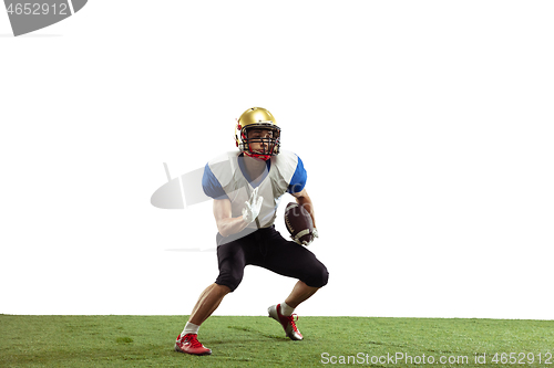 Image of American football player in action isolated on white studio background