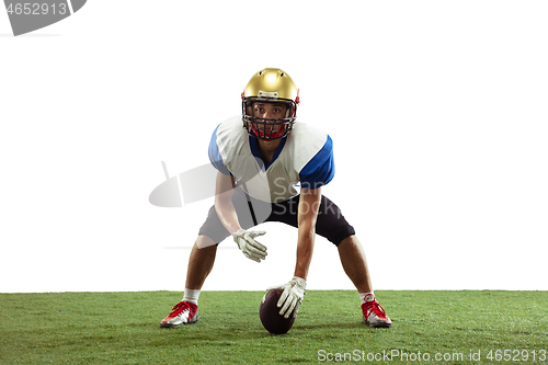 Image of American football player in action isolated on white studio background