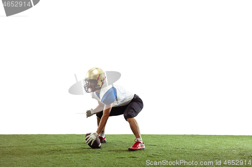 Image of American football player in action isolated on white studio background