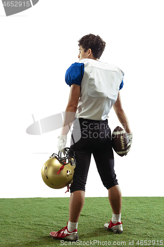 Image of American football player in action isolated on white studio background