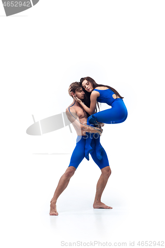 Image of The couple of modern dancers, art contemp dance, blue and white combination of emotions