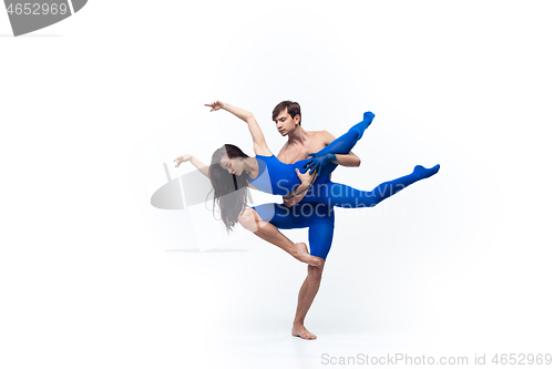 Image of The couple of modern dancers, art contemp dance, blue and white combination of emotions