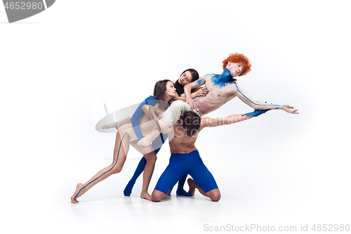 Image of The group of modern dancers, art contemp dance, blue and white combination of emotions