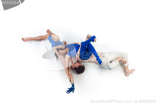 Image of The group of modern dancers, art contemp dance, blue and white combination of emotions