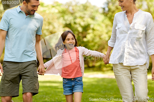 Image of happy family walking in summer park