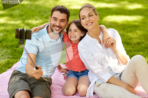 Image of family having picnic and taking selfie at park