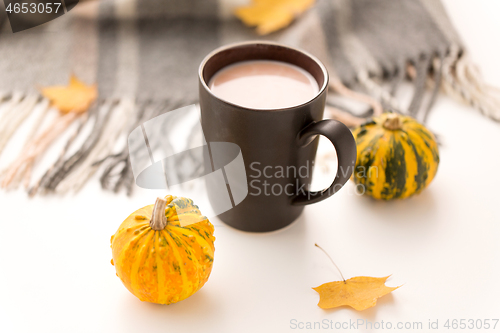 Image of hot chocolate, autumn leaves and warm blanket