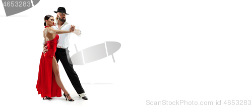 Image of Portrait of young elegance tango dancers. Isolated over white background