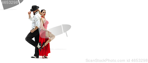 Image of Portrait of young elegance tango dancers. Isolated over white background