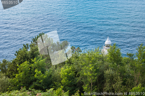 Image of Lighthouse behind the trees in cyan sea