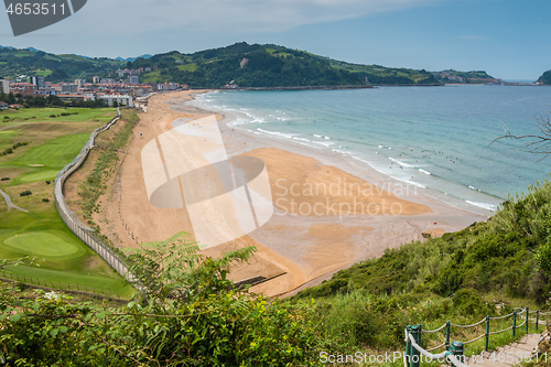 Image of Aerial view to the Zarautz Beach, Basque Country, Spain on a beautiful summer day