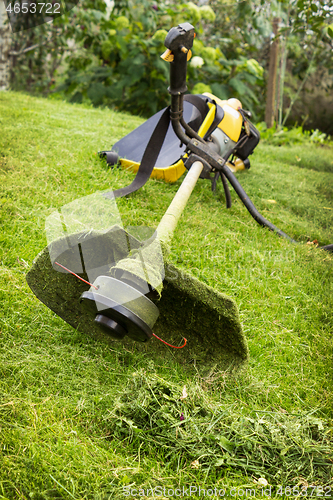 Image of Petrol trimmer on the sloped lawn