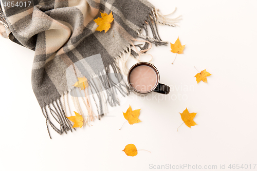 Image of hot chocolate, autumn leaves and warm blanket