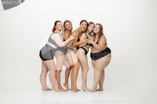 Image of Portrait of beautiful young women with different shapes posing on white background