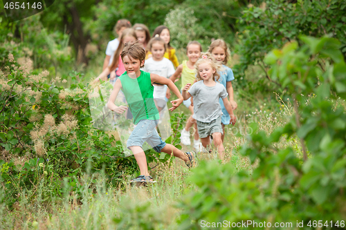 Image of Kids, children running on green meadow, forest. Childhood and summertime