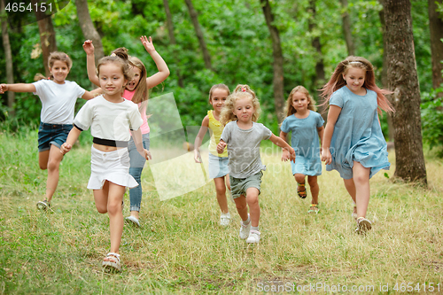 Image of Kids, children running on green meadow, forest. Childhood and summertime