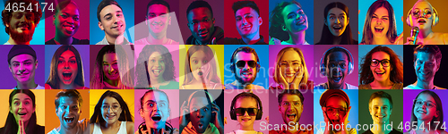 Image of Collage of portraits of young people on multicolored background in neon