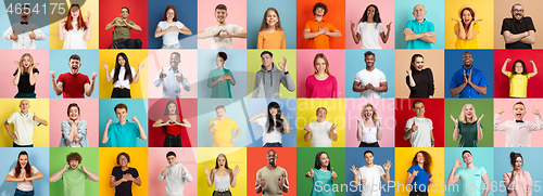 Image of Collage of portraits of young people on multicolored background