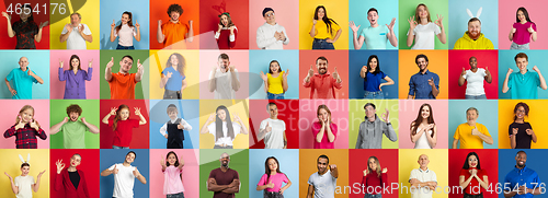 Image of Collage of portraits of young people on multicolored background