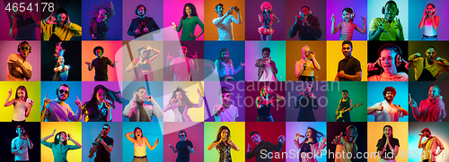 Image of Collage of portraits of young people on multicolored background in neon