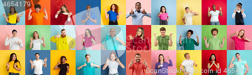 Image of Collage of portraits of young people on multicolored background