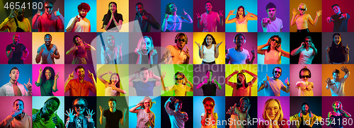 Image of Collage of portraits of young people on multicolored background in neon