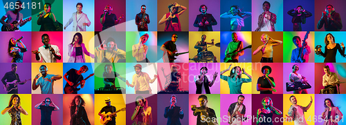 Image of Collage of portraits of young musicians on multicolored background in neon